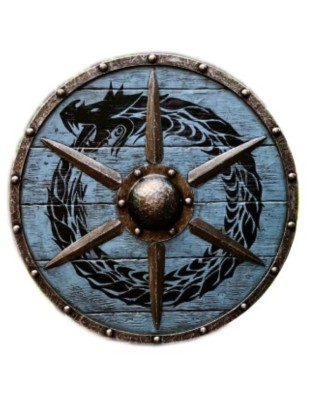 Bouclier viking rond médiéval en bois Bleu avec dragon peint
