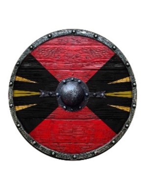 Bouclier rond médiéval en bois 76 cm Peint en rouge et noir avec ferrures
