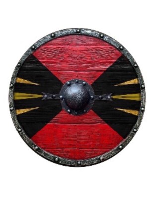 Bouclier rond médiéval en bois 76 cm Peint en rouge et noir avec ferrures