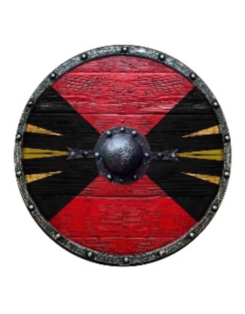 Bouclier rond médiéval en bois 76 cm Peint en rouge et noir avec ferrures