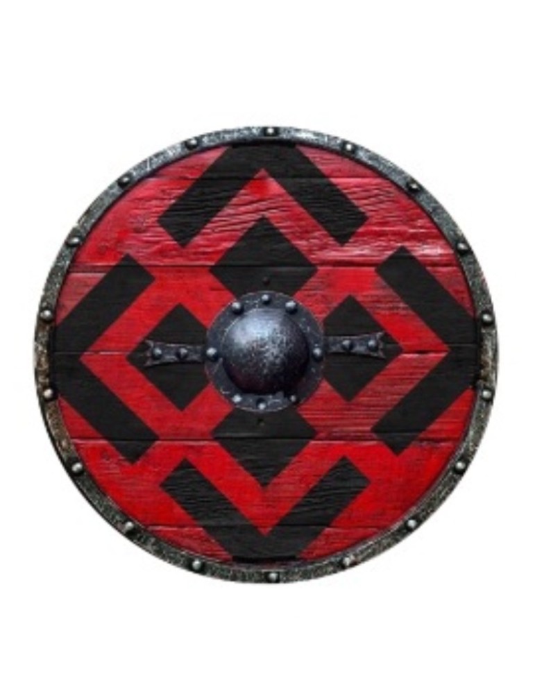 Bouclier rond Viking en bois 76 cm Peint en rouge et noir avec ferrures