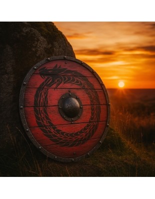 Bouclier viking Rouge avec dragon noir peint 60 cm