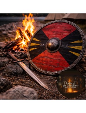 Bouclier rond médiéval en bois 76 cm Peint en rouge et noir avec ferrures