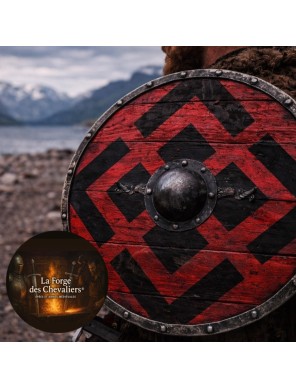 Bouclier rond Viking en bois 76 cm Peint en rouge et noir avec ferrures