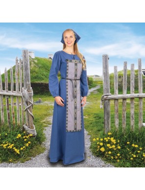 Robe viking médiévale femme coton bleu décor motifs nordiques