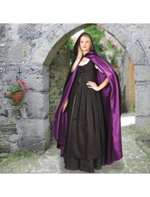 Cape médiévale femme à capuche en velours noir doublée violet