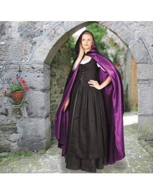 Cape médiévale femme à capuche en velours noir doublée violet
