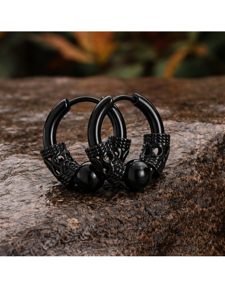 Boucles d’Oreilles Viking – Acier Inoxydable 304 Noir – Motif Crâne Nordique
