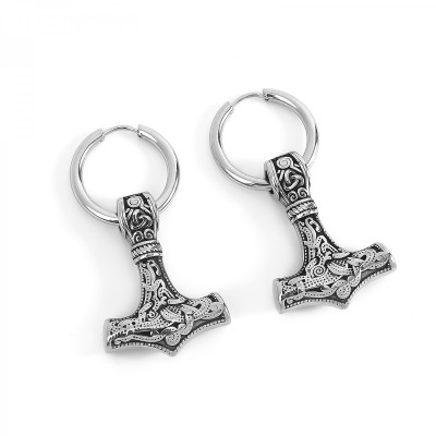 Boucles d’Oreilles Viking Mjolnir – Acier Inoxydable 304 Argent – Marteau de Thor