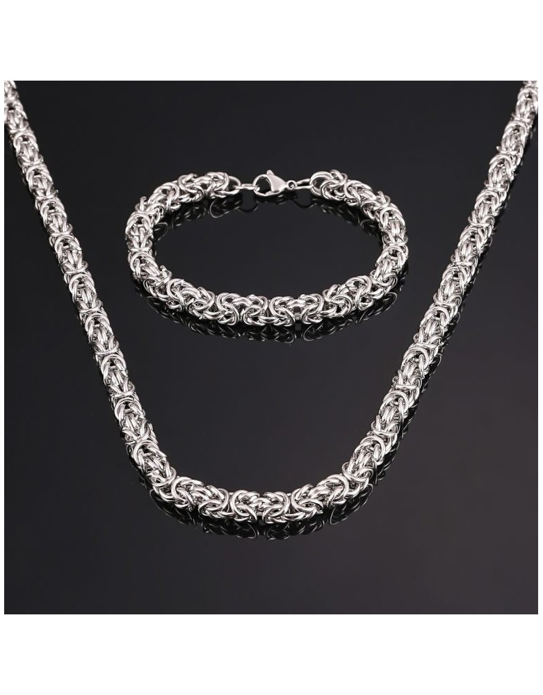 Ensemble Chaîne et Bracelet Byzantin – Acier Inoxydable 304 Argent – Style Viking et Médiéval