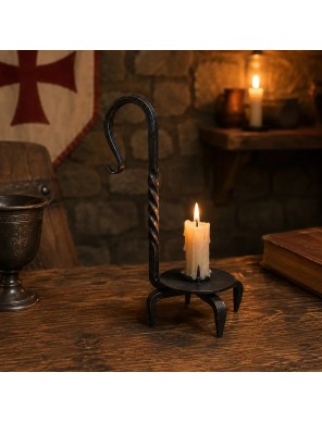 Bougeoir Médiéval sur Pied en Fer Forgé avec Crochet – 21 × 10 cm