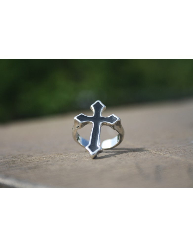 Bague Croix Médiévale Noire et Argentée