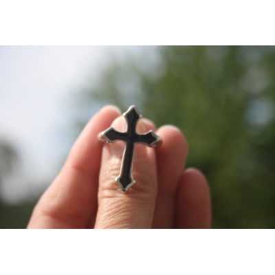 Bague Croix Médiévale Noire et Argentée