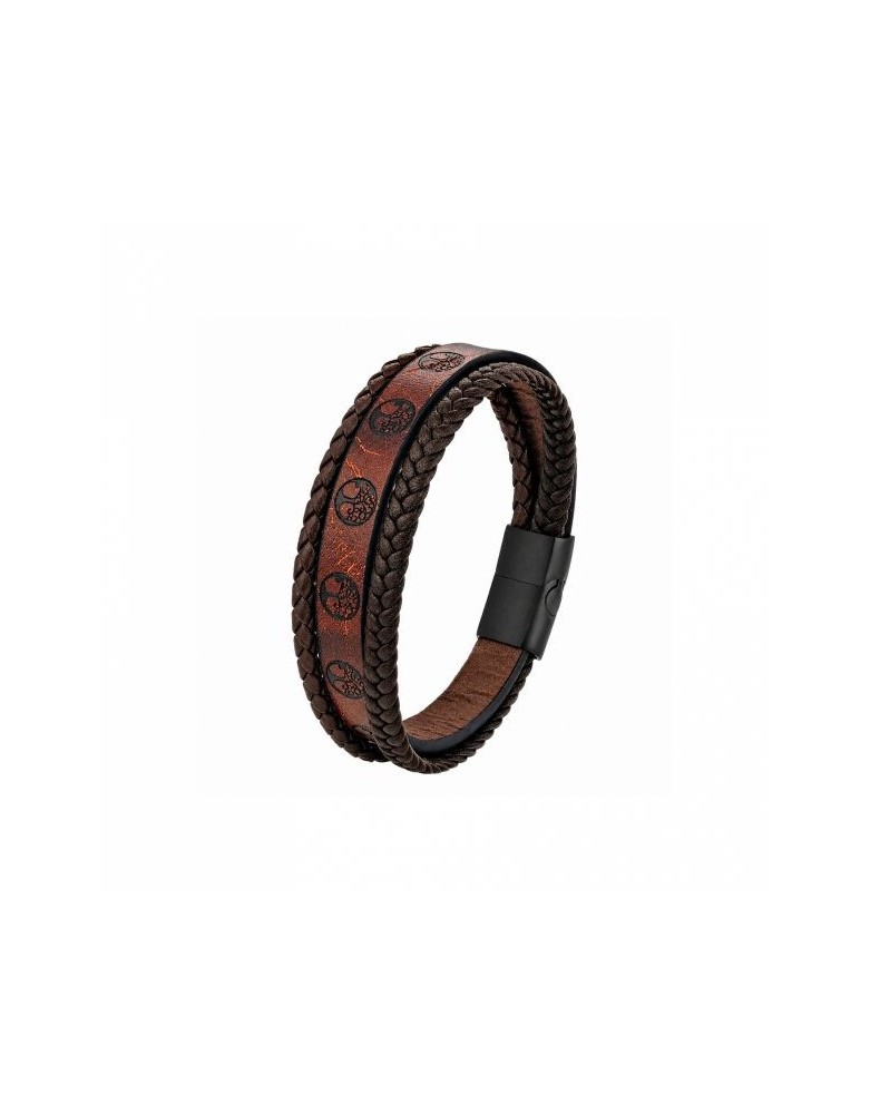 Bracelet Viking Yggdrasil en Cuir Véritable Marron