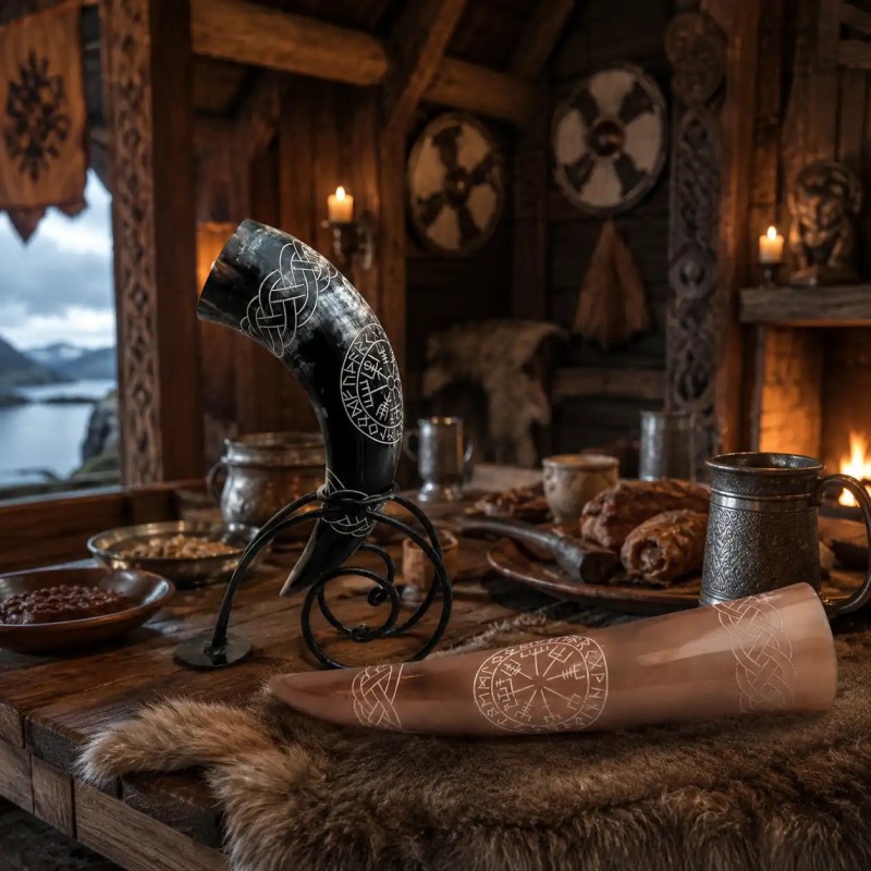 Corne à Boire Viking Gravée avec Support en Fer Forgé
