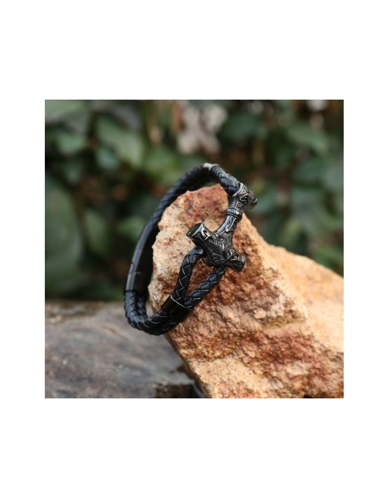 Bracelet Mjolnir en cuir véritable - la forge des chevaliers®